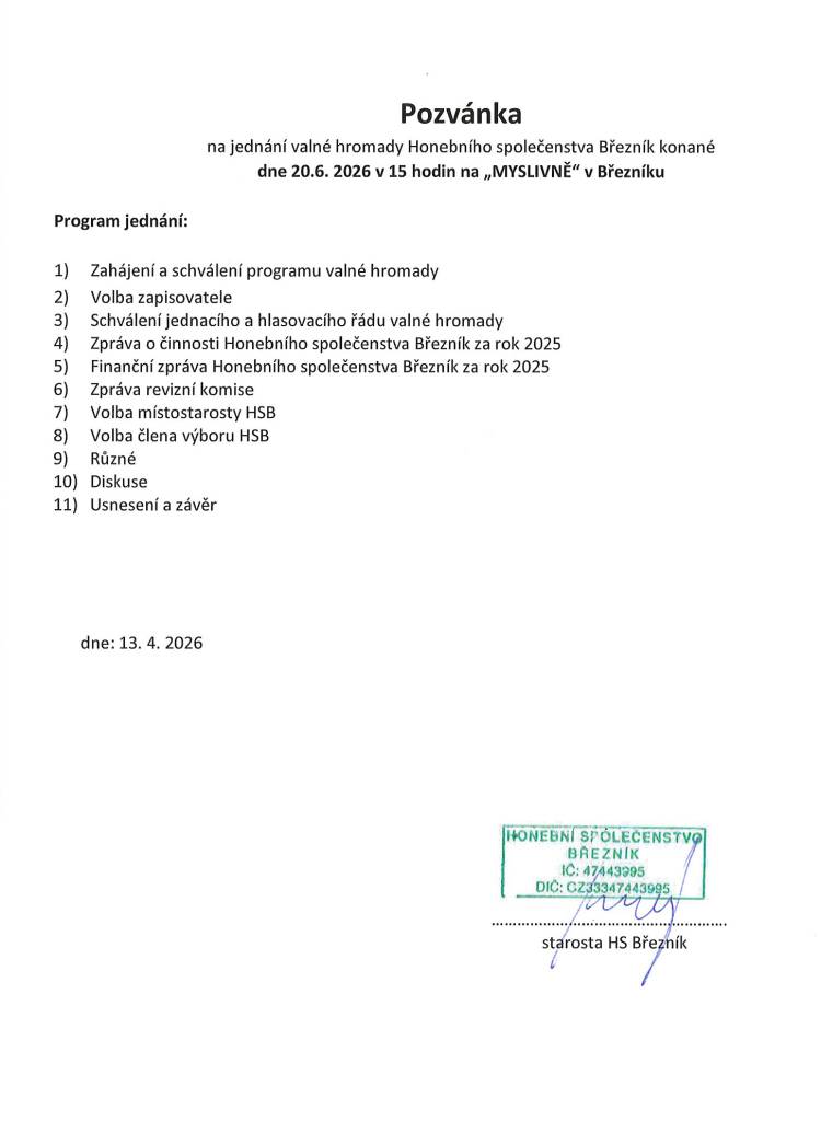 Pozvánka na valnou hromadu Honebního společenstva Březník: