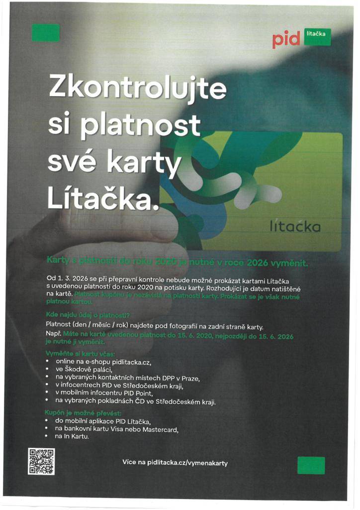 Od 1. března 2026 již nebude možné použít karty Lítačka, které mají uvedenou platnost do roku 2020. Platnost karty je nutné ověřit podle data natištěného na zadní straně karty. Nové karty můžete získat online, na vybraných kontaktních místech nebo prostřednictvím mobilní aplikace.