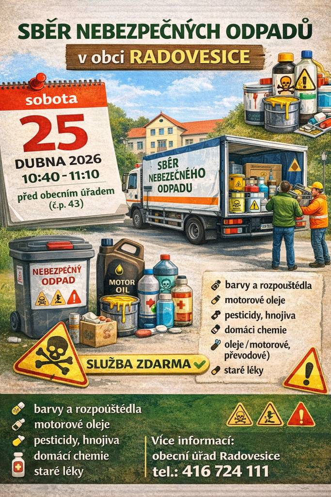 Obec Radovesice ve spolupráci se Sdružením obcí pro nakládání s odpady SONO informuje občany o konání sběru drobných nebezpečných odpadů.