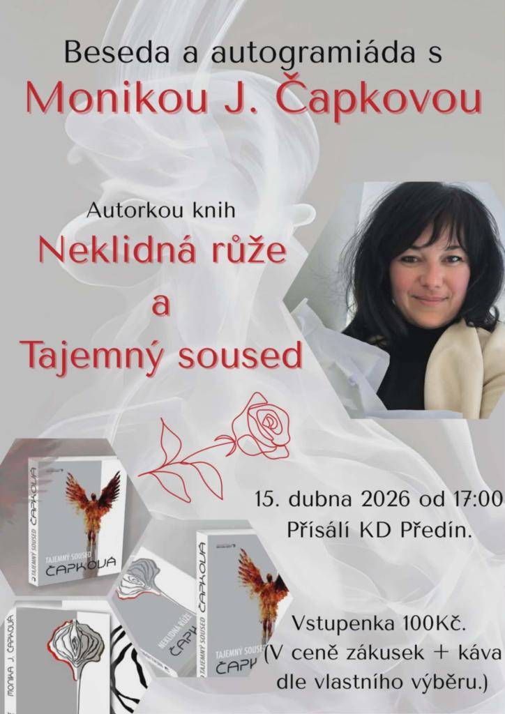 Tuto středu 15.04.2026 v přísálí KD Předín od 17 hodin,  vstupné 100,-Kč (v ceně zákusek a káva).  Jste srdečně zváni.