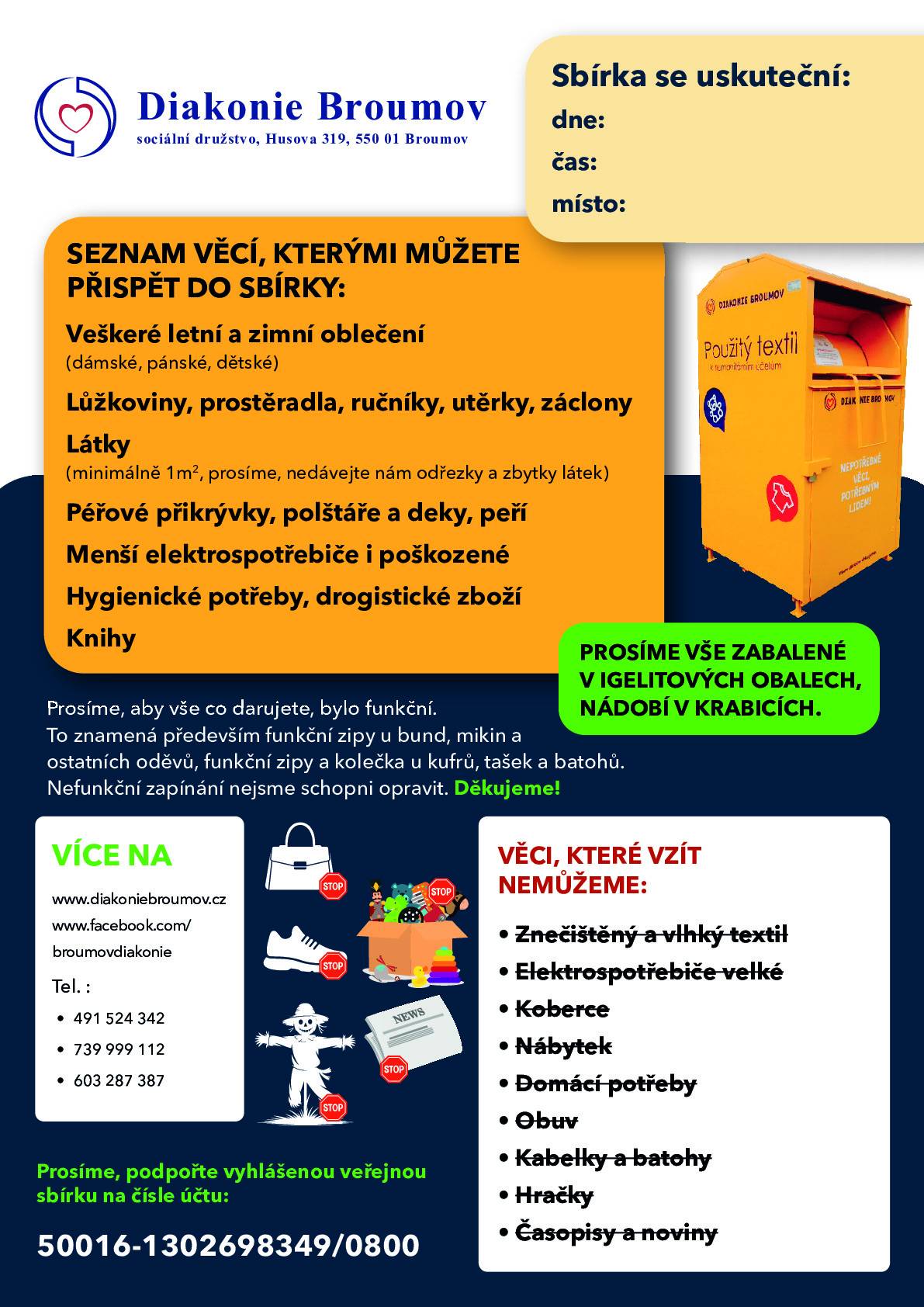 Dobrý den, přínášíme několik informací: 1. tuto sobotu 18.4.2026 v 11 hod proběhne mobilní svoz nebezpečného odpadu před budovou Obecního úřadu 2. celý tento týden probíhá SBÍRKA na diakoniii Broumov. V přiloženém letáku najdete seznam věcí, které můžete tento týden až do 20.4. přinést na Obecní úřad. Během příštího týdne bude zajištěn svoz  Diakonií z úřadu. 3. Končí platnost karty Lítačka s platností do roku 2020. Více informací v přiloženém letáčku.