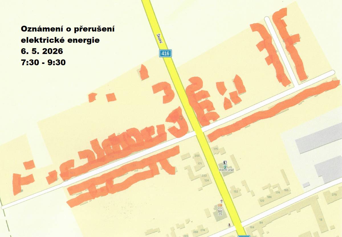 Dne 6. května 2026 bude v naší obci přerušena dodávka elektrické energie. Toto přerušení je plánováno kvůli údržbovým pracím na elektrické síti, které jsou nezbytné pro zajištění spolehlivosti dodávek.