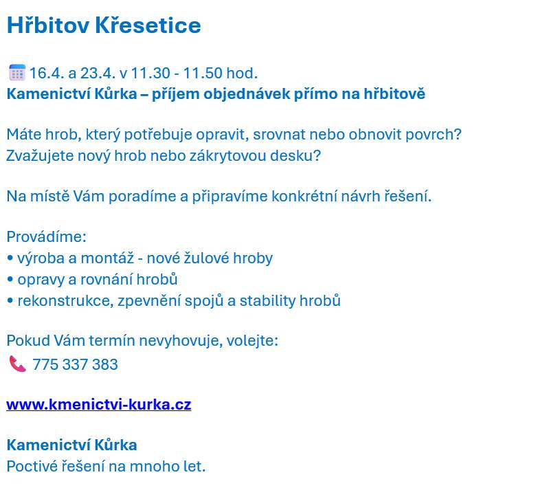 Hřbitov - Kamenictví Kůrka, objednávky