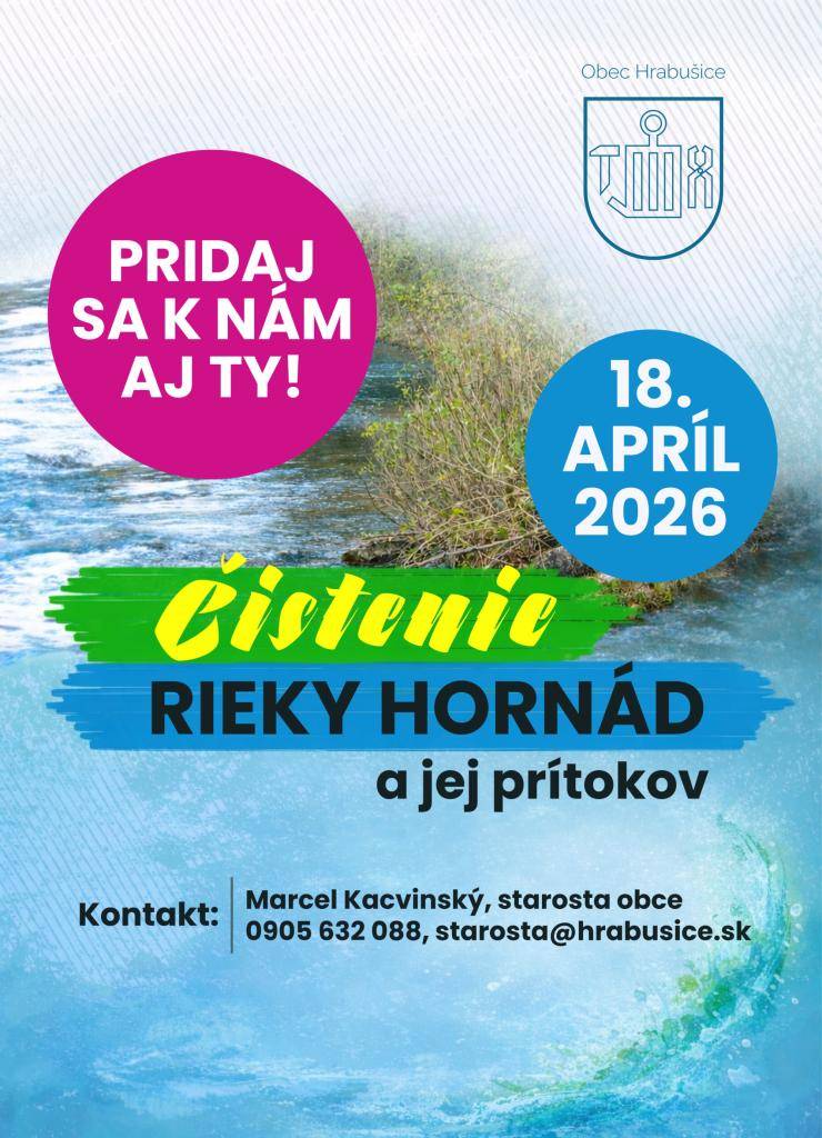 V sobotu 18. apríla 2026 sa uskutoční verejné čistenie okolia rieky Hornád a potoka Vydrničanka.