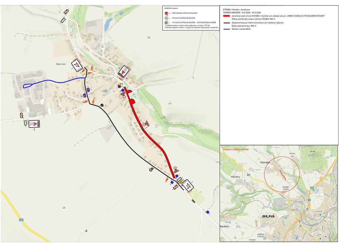 Dobrý den, od středy 15.4.2026 bude postupně uzavřena příjezdová komunikace od hřbitova do centra obce z důvodu výstavby nové splaškové kanalizace. S tímto bude v případě potřeby odkloněna i MHD číslo 8. Pokud nebude z důvodu stavby možný příjezd na stávající zastávku v obci bude autobus jezdit po horní cestě a výstupní a nástupní zastávka bude situována na místní komunikaci u ubytovny. Autobus se bude otáčet v průmyslové zóně a opět pojede po horní silnici směrem na Jihlavu. O datu změny trasy MHD Vás budeme informovat. Uzavírka by měla trvat od 15.4.2026 do 30.9.2026. Prosíme všechny, aby pro příjezd do obce využívali horní cestu. Příjezd k domům v dotčené lokalitě by měl být možný vždy minimálně z  jedné strany. Neprůjezdná bude vždy jen část, kde budou probíhat výkopové práce.  Děkujeme za pochopení.