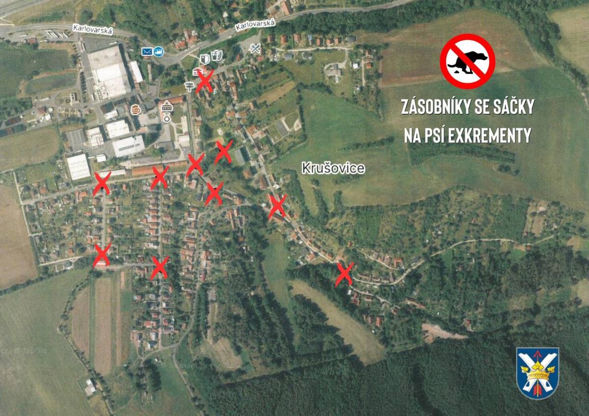 Obec Krušovice oznamuje, že v obci byly instalovány nové zásobníky s papírovými sáčky na psí exkrementy, viz přiložená mapa.