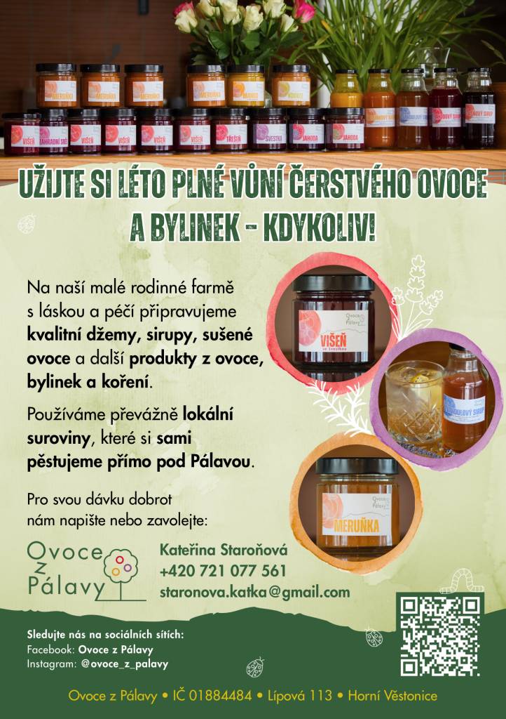 Malá rodinná farma s láskou a péčí připravuje kvalitní džemy, sirupy, sušené ovoce a další produkty z ovoce, bylinek a koření.  Převážně z lokálních surovin, které si sami pěstují přímo pod Pálavou.