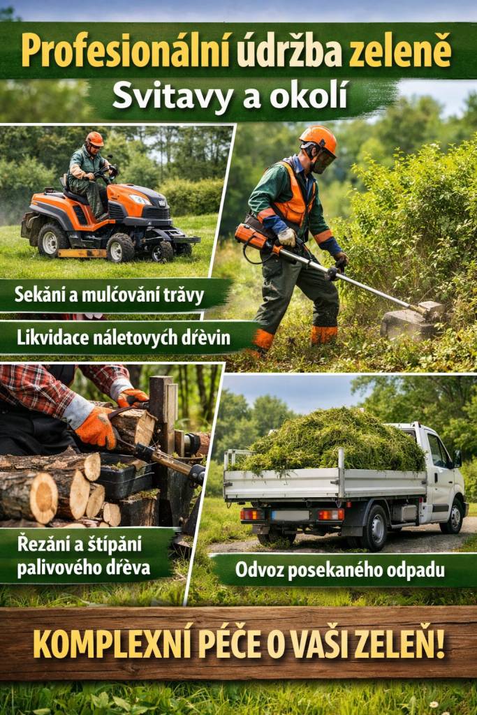 Nabízíme profesionální údržbu zeleně v Svitavách a okolí. Naše služby zahrnují sekání a mulčování trávy, likvidaci náletových dřevin, stejně jako řezání a štípání palivového dřeva. K dispozici je také možnost odvozu posekaného odpadu.