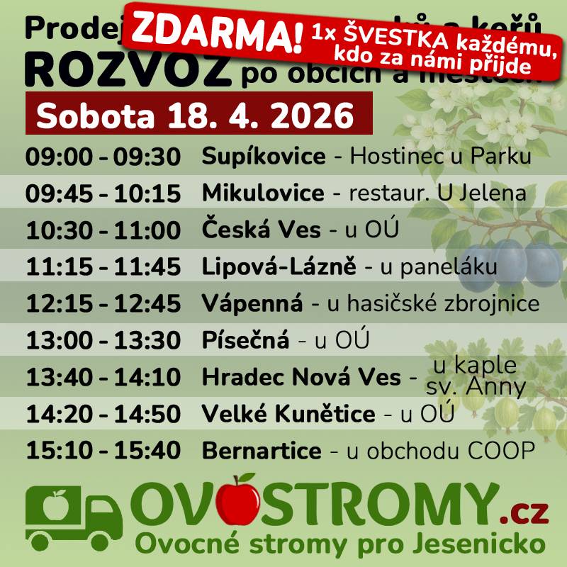 – sobota 18. 4. 2026 - 1x ŠVESTKA ZDARMA