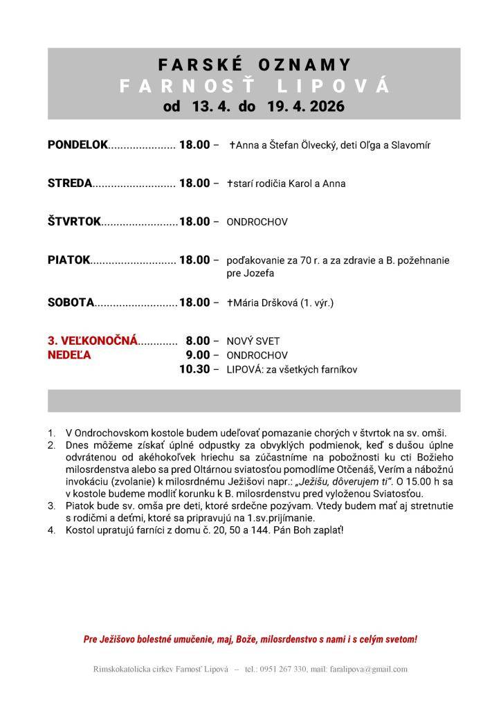 Poriadok bohoslužieb od 13.04. do 19.04.2026