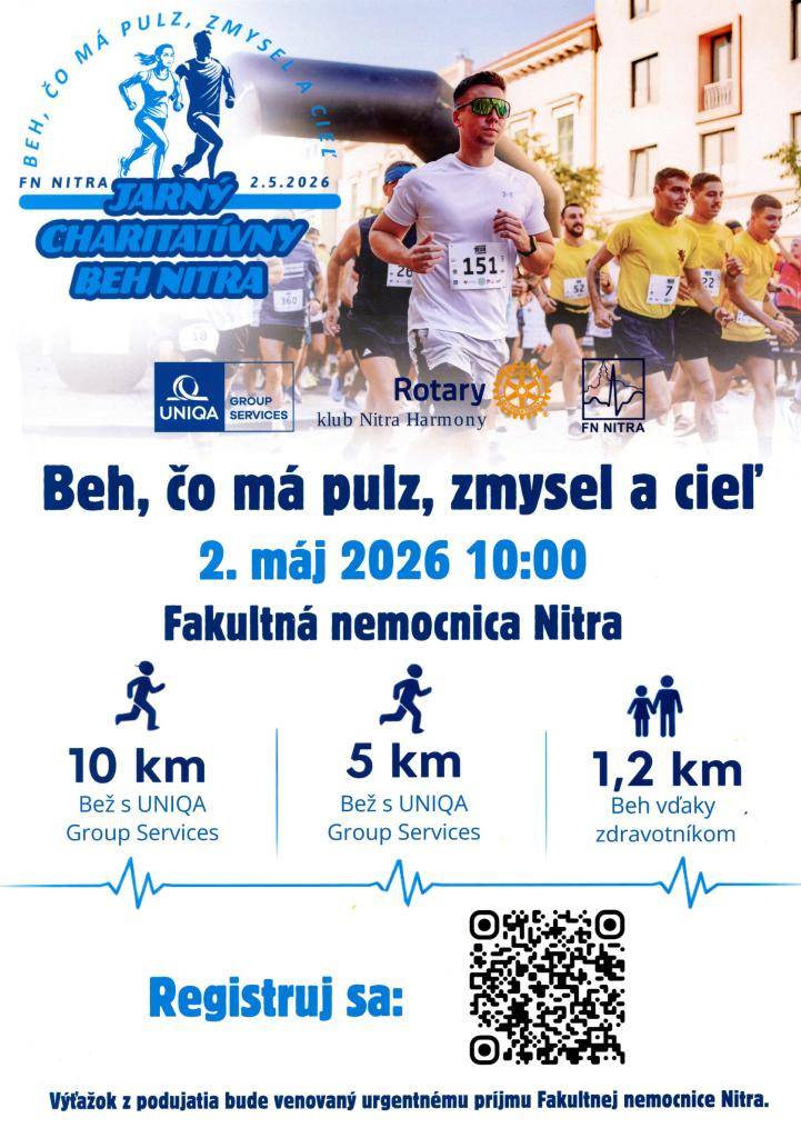 Organizátori Vás pozývajú na Jarný charitatívny beh Nitra, komunitné športovo-charitatívne podujatie, ktoré sa uskutoční v sobotu 2. mája 2026 v areáli Fakultnej nemocnice Nitra.