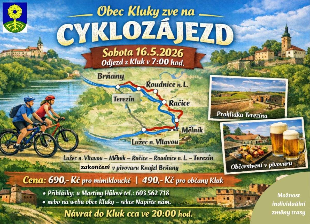 Ve spolupráci s obcí Kluky Vás zveme na cyklozájezd, který se uskuteční v sobotu 16. května 2026.