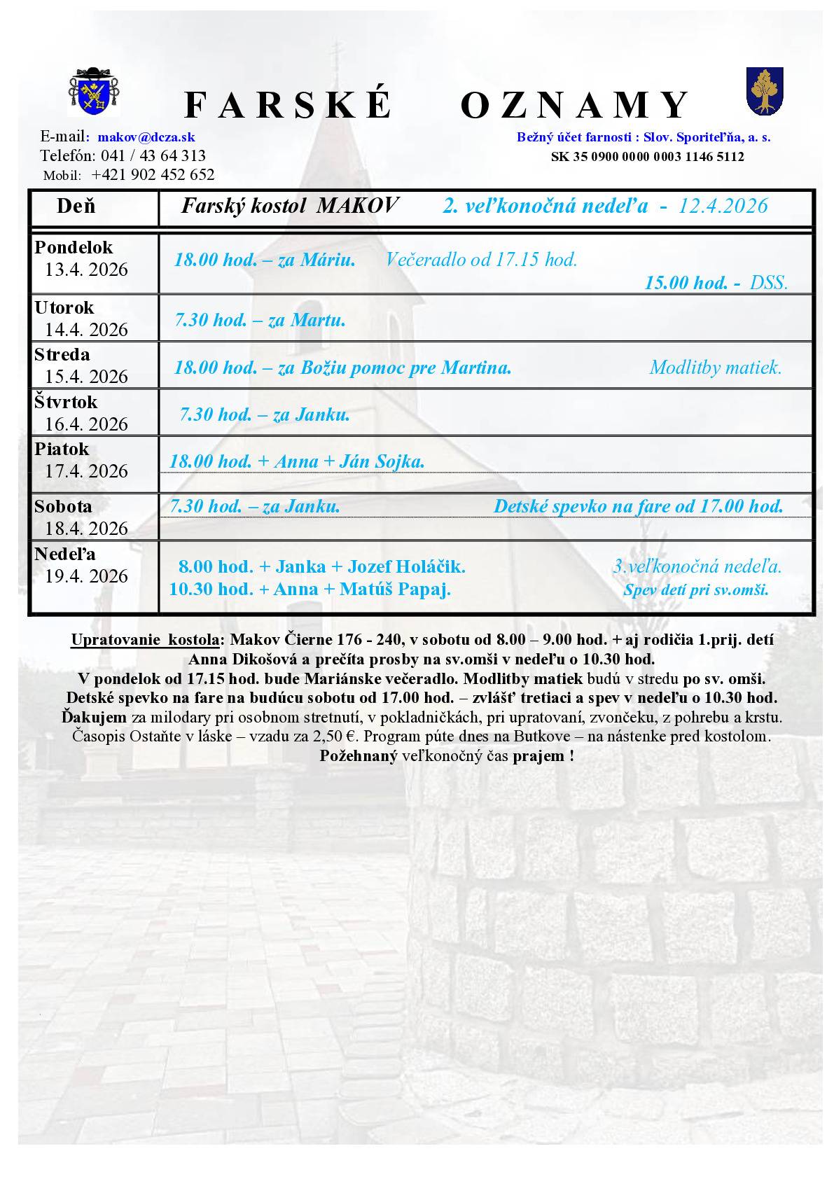 Farské oznamy od 13.04.2026 do 19.04.2026