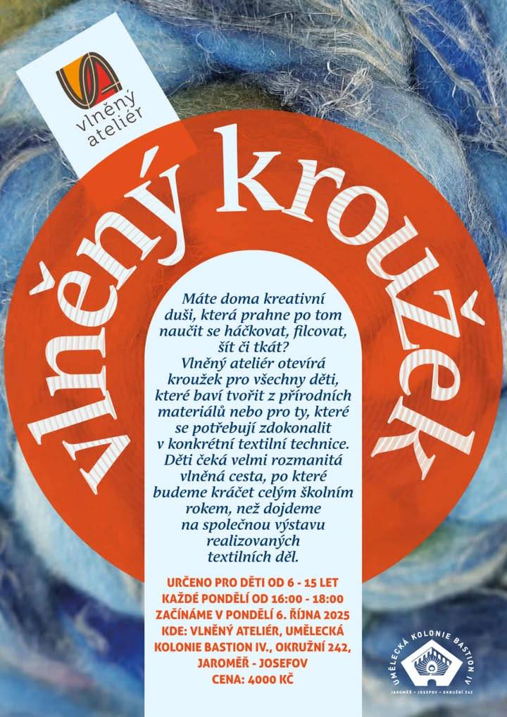 Vlněný ateliér otevírá kroužek pro všechny mladé lidi, kteří mají zájem naučit se různé textilní techniky jako háčkování, filcování, šití a tkaní. Během celého školního roku se účastníci mohou těšit na rozmanité projekty, které je provedou světem kreativního tvoření z přírodních materiálů.