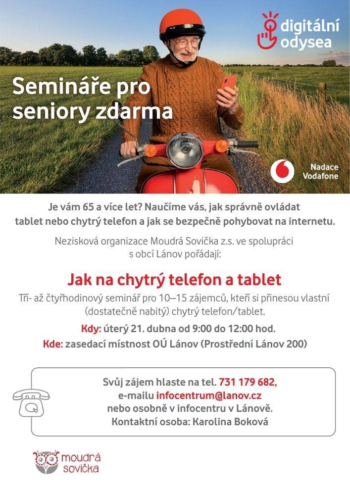 Obec Lánov pořádá seminář - jak na chytrý tablet a telefon 21.4.2026 od 9- 12 h.
