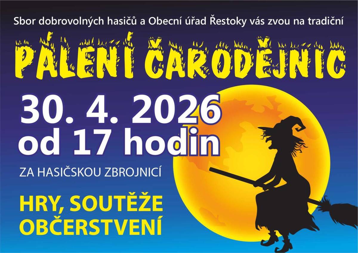 SDH a OÚ Vás srdečně zvou na Pálení čarodějnic dne 30.4.2026 od 17 hodin za hasičskou zbrojnicí.
