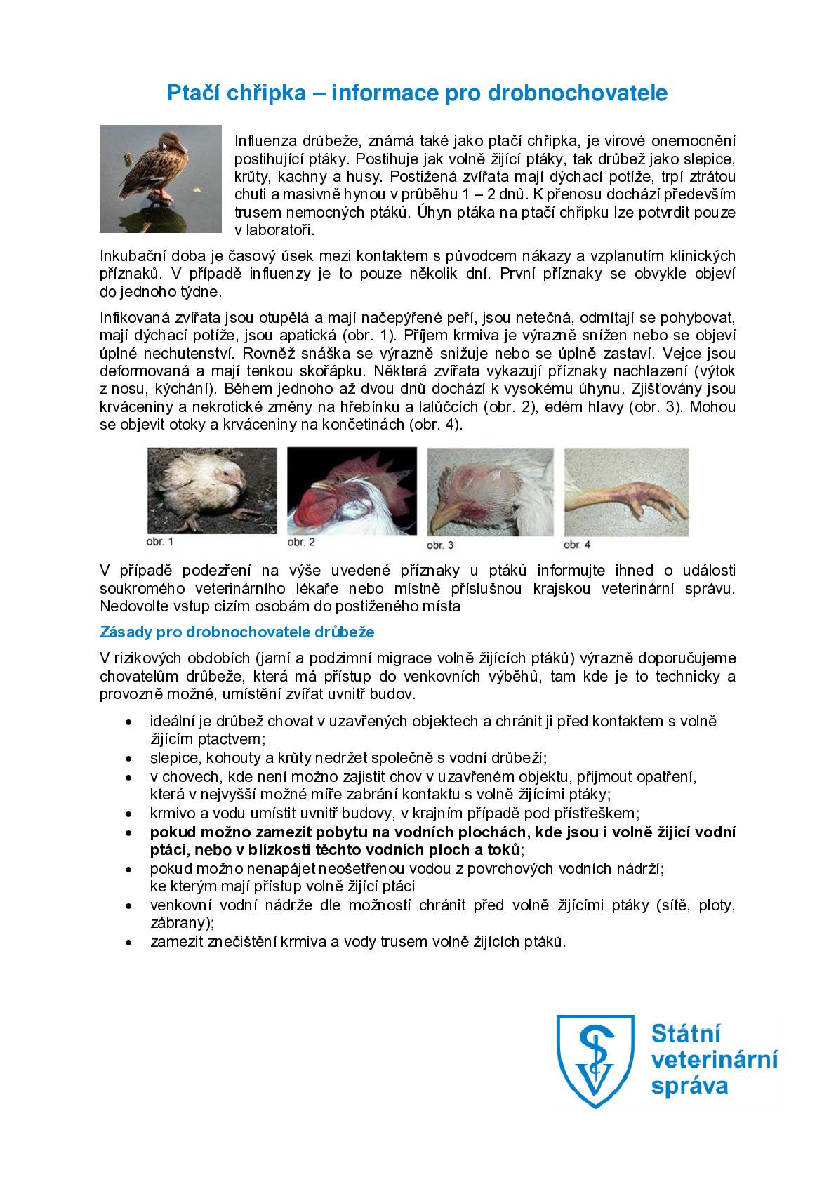Vážení občané, v obci Hájek u Uhříněvsi byl potvrzen výskyt vysoce patogenní aviární influenzy (ptačí chřipky) v malochovu drůbeže. Naše obec se nachází v okruhu do 10 km od tohoto ohniska. Přestože nebylo vyhlášeno ochranné ani dozorové pásmo, je nutné dbát zvýšené opatrnosti a dodržovat preventivní opatření. Doporučení pro chovatele drůbeže a jiných ptáků:  Zabraňte kontaktu chovaných ptáků s volně žijícím ptactvem. Po dobu následujících 30 dnů pouštějte ptáky pouze do ohraničených výběhů. Zamezte přístupu ptáků na volné plochy, kde se mohou vyskytovat vodní ptáci. Krmivo a vodu umisťujte do uzavřených prostor nebo pod přístřešky, aby nedošlo ke kontaminaci.  Důležité:  Při zvýšeném úhynu, změnách zdravotního stavu nebo poklesu snášky vajec neprodleně kontaktujte Krajskou veterinární správu Středočeského kraje na tel.: +420 720 995 204. Nález uhynulých volně žijících ptáků ihned hlaste na stejnou linku a dále postupujte dle pokynů veterinární správy.  Děkujeme za spolupráci a zodpovědný přístup. OÚ Světice