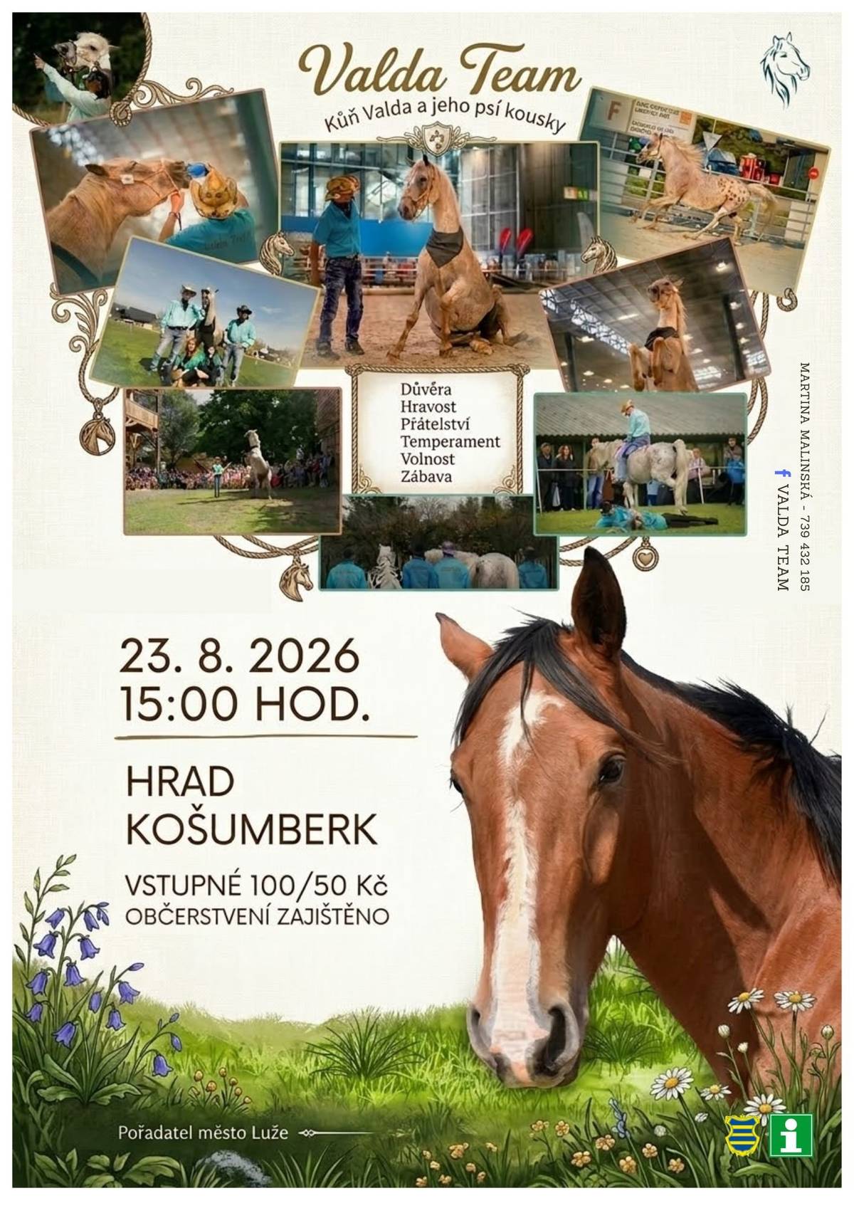 🐴 Valda kůň a jeho psí kousky 🐶 Přijďte se pobavit a podívat na jedinečné vystoupení koně Valdy, který vás překvapí svými „psími“ kousky! Čeká vás zábava, smích a nevšední podívaná pro malé i velké. Těšíme se na vás! 💚