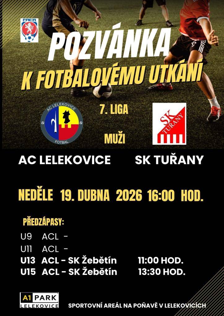 AC Lelekovice zve na zápasy v neděli 19. dubna.  Muži hrají proti SK Tuřany v 16 hodin, žákovská družstva proti SK Žebětín v 11 a 13 hodin.
