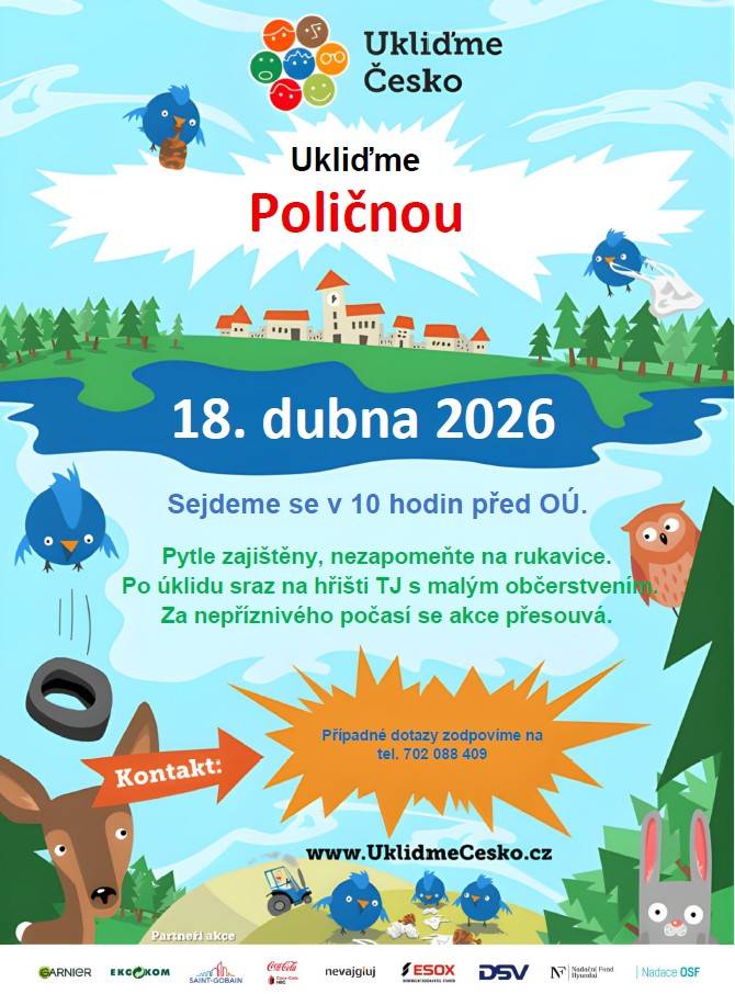 Tradiční úklid obce, kdy se u příležitosti Dne Země sejdou dobrovolníci a sbírají odpad na území obce. Akce končí na hřišti TJ u drobného občerstvení. Budeme rádi, když se přidáte.