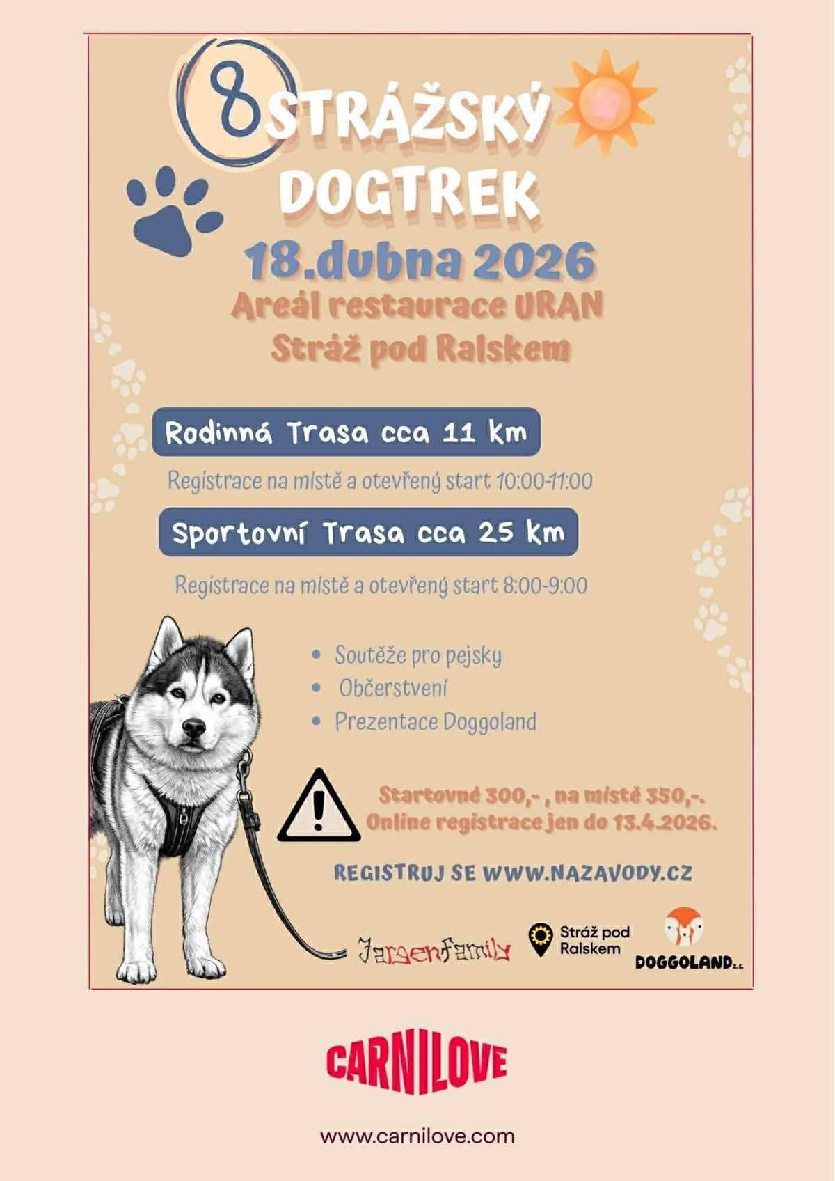 Vážení občané,  zveme Vás na 8. ročník Strážského dogtreku. Kdy: 18. dubna 2026 Kde: zázemí restaurace Uran Čekají Vás trasy: rodinná cca 11 km (start 10:00–11:00) sportovní cca 25 km (start 8:00–9:00) Registrace na místě před startem. Součástí akce budou soutěže pro pejsky, občerstvení a prezentace Doggoland.  Startovné: 300 Kč online (do 13. 4. 2026), 350 Kč na místě. Těšíme se na Vás.