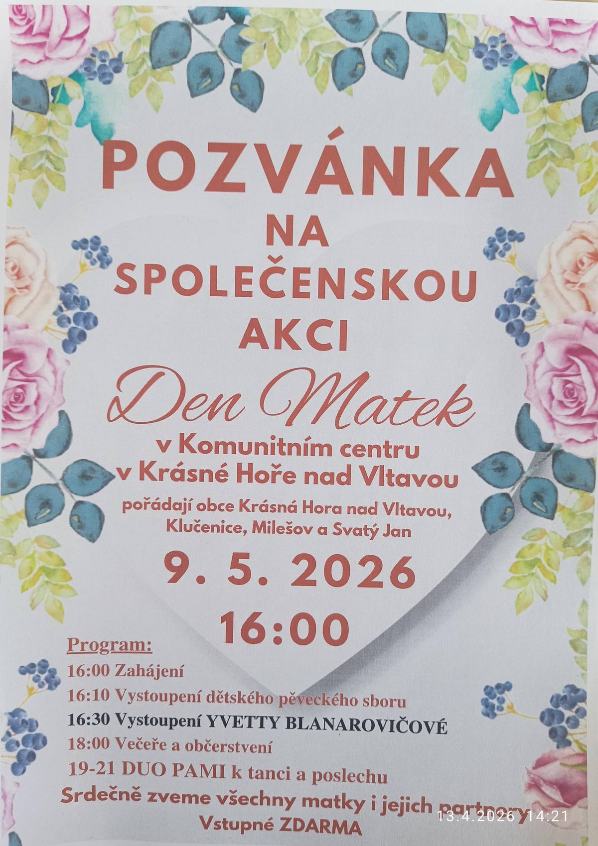 V sobotu 9. května od 16 hodin se bude konat v Komunitním centru v Krásné Hoře Den matek. Srdečně zveme. Plakát v příloze.