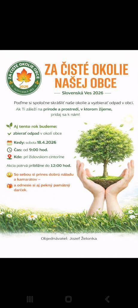Dňa 18.04.2026 od 09.00 h. sa uskutoční zber odpadu v okolí obce... Zraz pri židovskom cintoríne.