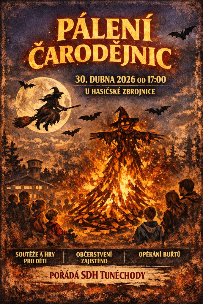 Sbor dobrovolných hasičů Tuněchody vás zve, na tradiční PÁLENÍ ČARODĚJNIC, které se uskuteční dne 30. dubna 2026 od 17 hodin v místní hasičské zbrojnici.