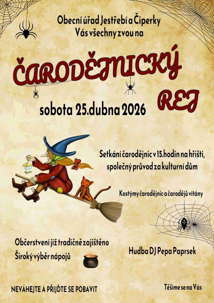 Obec Jestřebí a Čiperky zvou na Čarodějnický rej v sobotu 25.4.2026