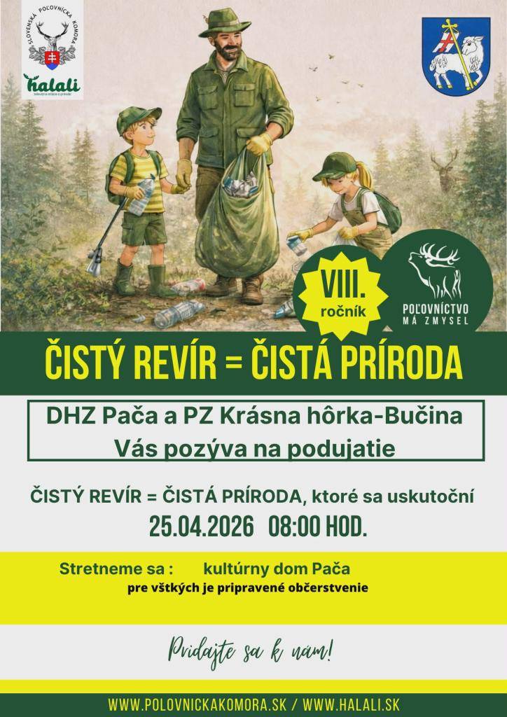 Dňa 29. apríla 2026 sa uskutoční podujatie Čistý revír - čistá príroda organizované DHZ Pača a APZ Krásna hôrka-Bučina. Podujatie sa začne o 6:00 hod. v kultúrnom dome Pača a účastníci sa môžu tešiť na občerstvenie.