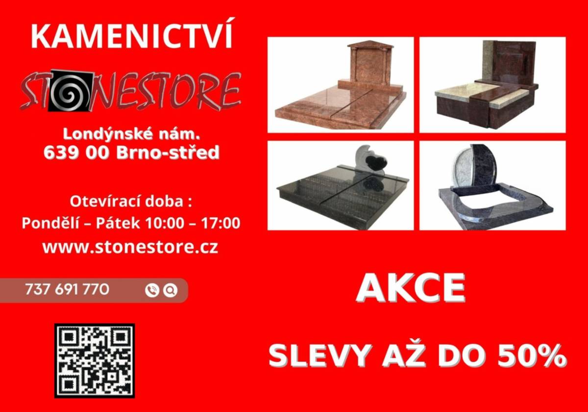 Zaváděcí akční ceny na pomníky se slevou až do výšky 50 %. Nabízíme veškeré kompletní kamenické práce a velký výběr materiálů. Naši nabídku najdete také na webu stonestore.cz. Obhlídka, zaměření a vypracování cenové nabídky je nezávazné a zdarma. Kontakt: 737 691 770