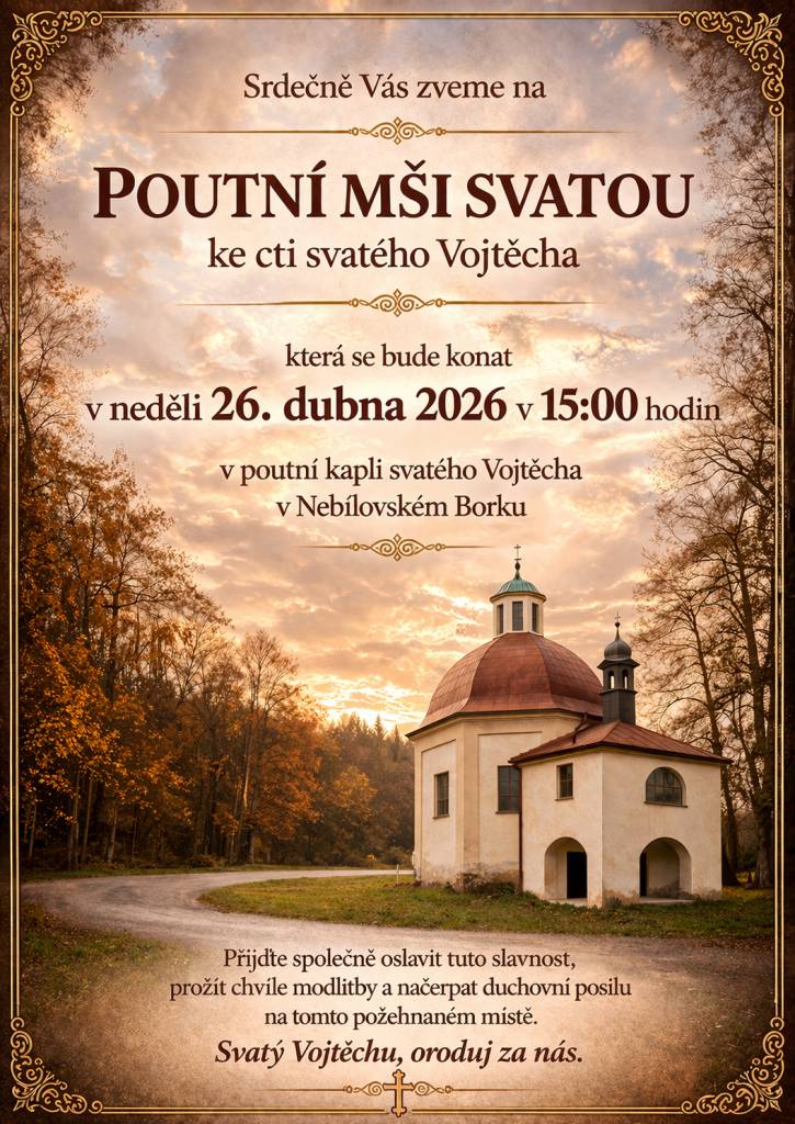V neděli 26.4.2026 se koná od 15:00 poutní mše svatá v kapli sv. Vojtěcha na Planinách v Nebílovském Borku.