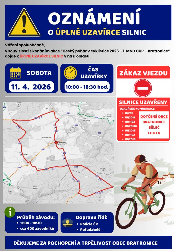 Vážení spoluobčané,  v souvislosti s konáním akce "Český pohár v cyklistice 2026 - 1.MND CUP - Bratronice" dojde k omezení dopravy v úseku Běleč - Bratronice a okolí (viz. obr.) a to v čase 10 - 18:30. Omlouváme se za případné komplikace. Provoz autobusu linky 555 nebude přerušen.