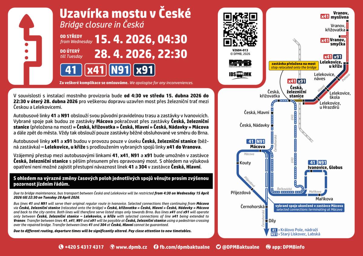 V souvislosti s instalací mostního provizoria bude od 4:30 ve středu 15. 4. 2026 do 22:30 v úterý 28. 4. 2026 pro veškerou dopravu uzavřen most přes železnici v České.