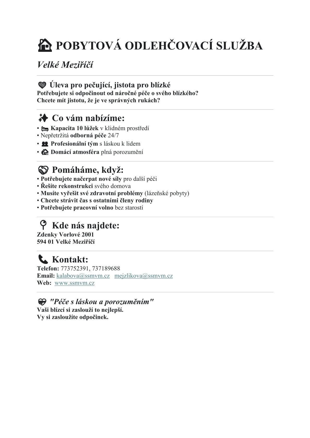 Sociální služby - Velké Meziříčí nabízí pobytovou odlehčovací službu pro pečující.