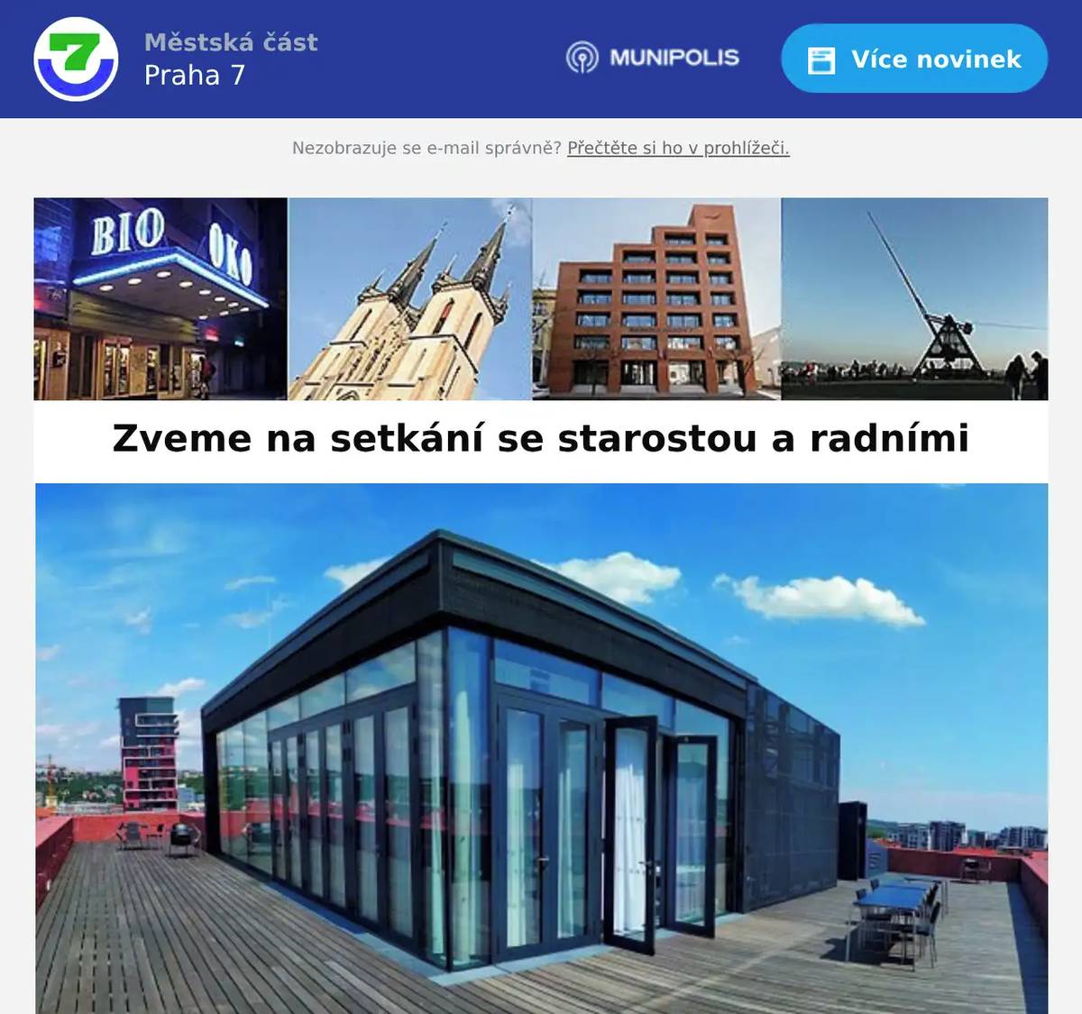 Ve středu 15. dubna 2026 od 18 do 20 hodin vás zveme na neformální setkání se starostou Janem Čižinským, místostarostou Pavlem Zelenkou a radními naší městské části na střechu radnice a do obřadní síně (U Průhonu 38, 8. patro). Přijďte kdykoli v uvedeném časovém rozmezí a ptejte se na všechno, co vás zajímá v souvislosti se Sedmičkou. Těšíme se vás!