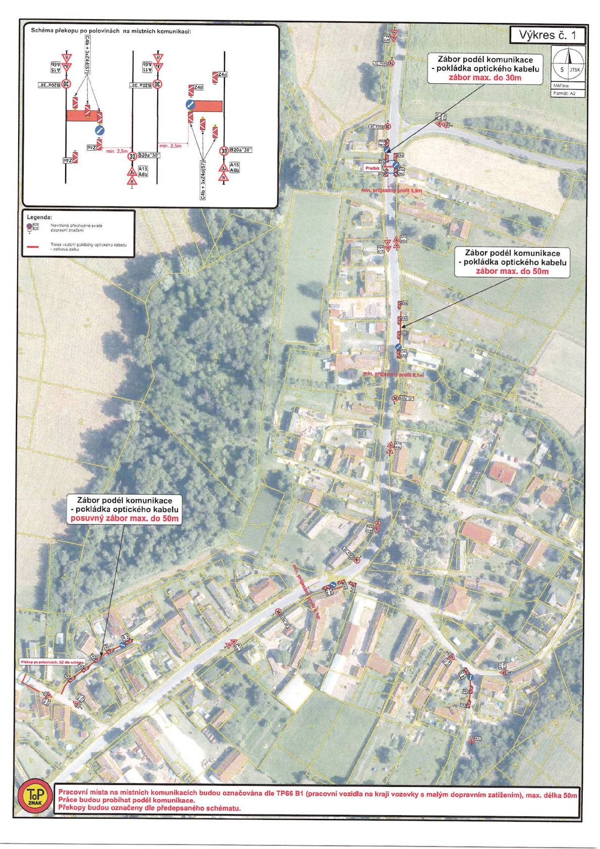 Z důvodu provádění prací pro pokládku optických kabelů je stanovena v termínu od 20.4.2026 do 31.5.2026 přechodná úprava provozu dopravního značení na komunikacích č. Ill/27517, III/27519 a místních komunikacích v obvi Jíkev viz. přiložená schémata.