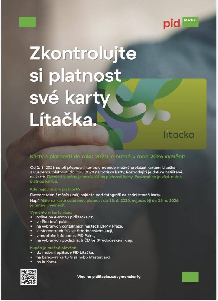 Od 1. března 2026 je nutné mít při přepravní kontrole platnou kartu Lítačka. Zkontrolujte si platnost své karty.