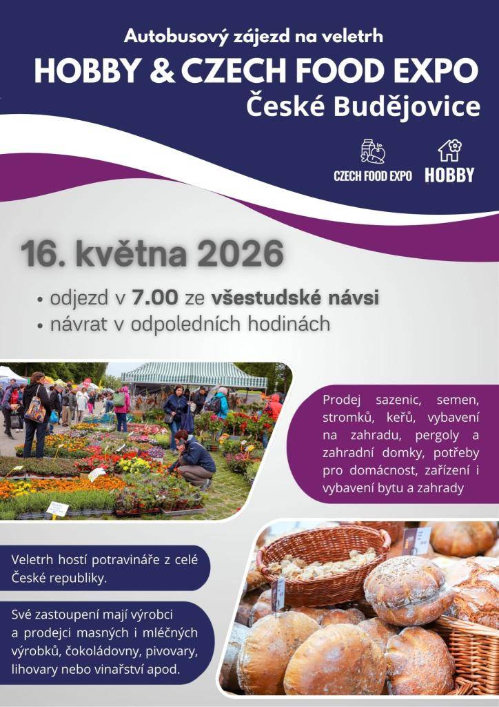 Zveme vás na autobusový zájezd do Českých Budějovic na veletrh Hobby & Czech food expo.