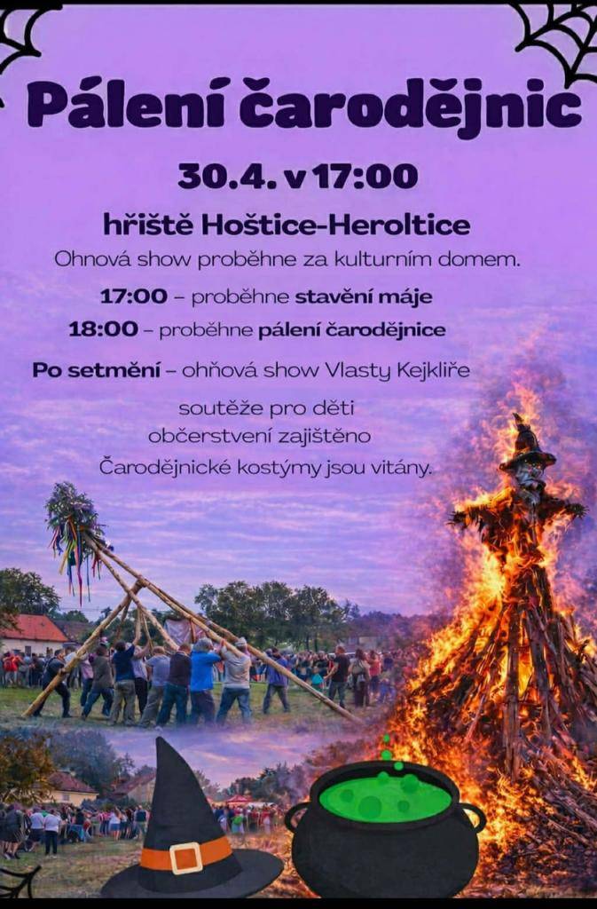 Kulturní výbor Hoštice-Heroltice Vás srdečně zve zve na tradiční Pálení čarodějnic, které se  uskuteční ve čtvrtek 30. 4. od 17:00 hodin na hřišti v Hošticích-Herolticích.