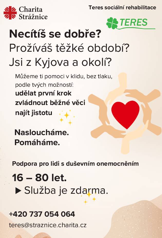 Charita Teres poskytuje podporu lidem s duševním onemocněním ve věku od 16 do 80 let. Naše sociální rehabilitace je zaměřena na pomoc v těžkých obdobích a na podporu v každodenních činnostech.