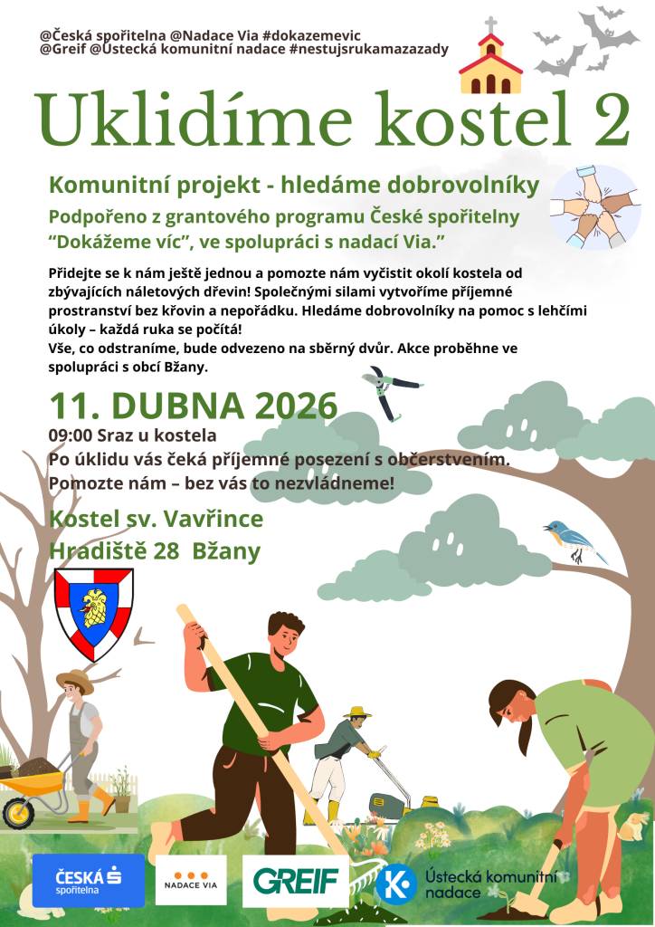 Komunitní projekt 'Uklidíme kostel' hledá dobrovolníky, kteří se chtějí zapojit do úklidu okolí kostela. Akce proběhne v sobotu 11. dubna 2026 od 09:00, sraz je u kostela. Společnými silami odstraníme náletové dřeviny a vytvoříme příjemné prostranství. Vše, co odstraníme, bude odvezeno na sběrný d