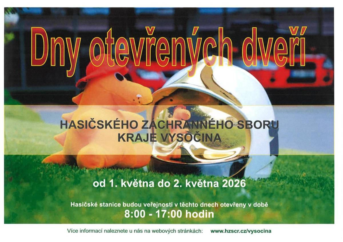 Dny otevřených dveří se budou konat ve dnech 1. - 2.5. 2026.  V době od 8-17 budou pro návštěvníky otevřeny všechny profesionální stanice Hasičského záchranného sboru Kraje Vysočina.