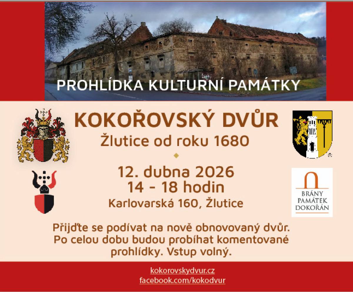 Spolek Žlutický zámek vás zve do nově obnovovaného Kokořovského dvora: v neděli 12. dubna od 14 do 18 hodin budou probíhat komentované prohlídky této kulturní památky. Vstup volný.