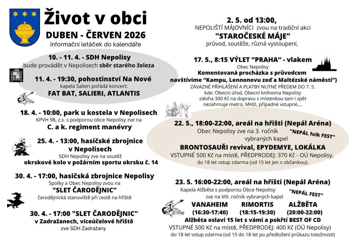 Přehled společenských a kulturních akcí v obci na období duben až červen 2026.