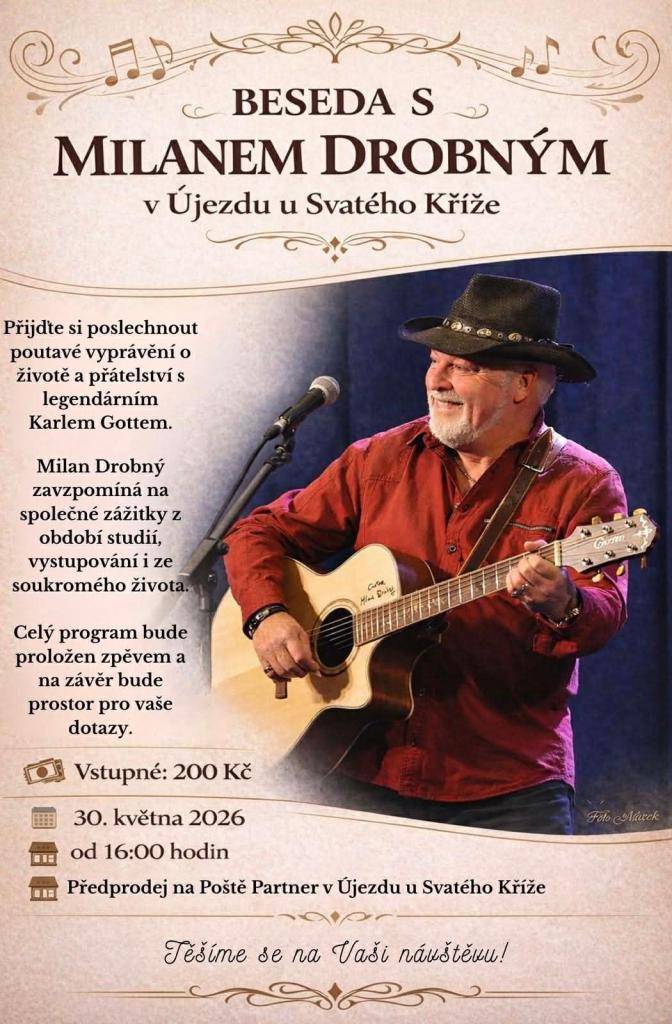Přijďte si poslechnout poutavé vyprávění Milana Drobného o jeho přátelství s Karlem Gottem.  Zahájení prodeje vstupenek 16.4.2026 na poště Partner.