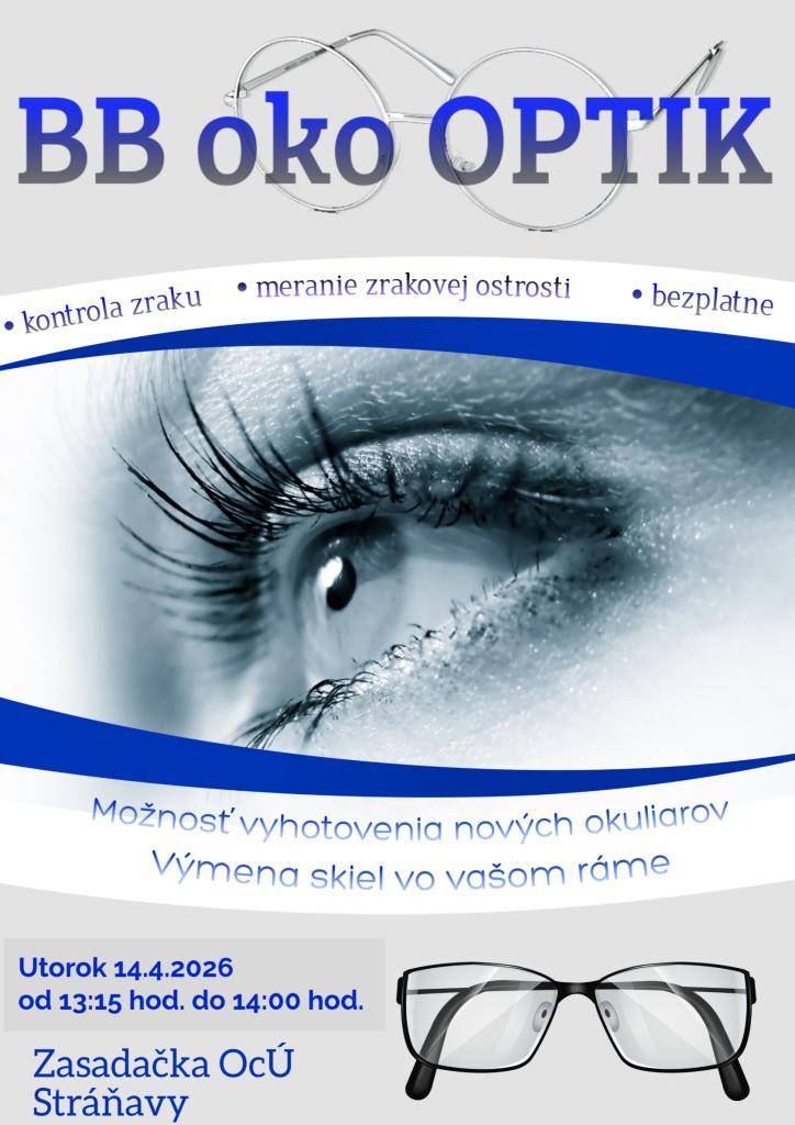 BB oko OPTIK ponúka kontrolu zraku, meranie zrakovej ostrosti a možnosť vyhotovenia nových okuliarov a výmenu skiel vo vašom ráme.