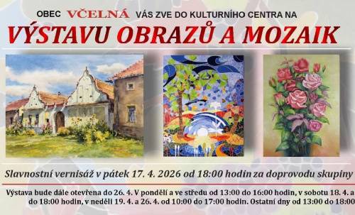 Slavnostní vernisáž v pátek 17.4. od 18:00 hodin za doprovodu skupiny ZACHY BAND. Dále otevřeno: o sobotách 10-18 h, o nedělích 10-17 h, pondělí a středy 13-16 h, úterý a čtvrtky 13-18 h.