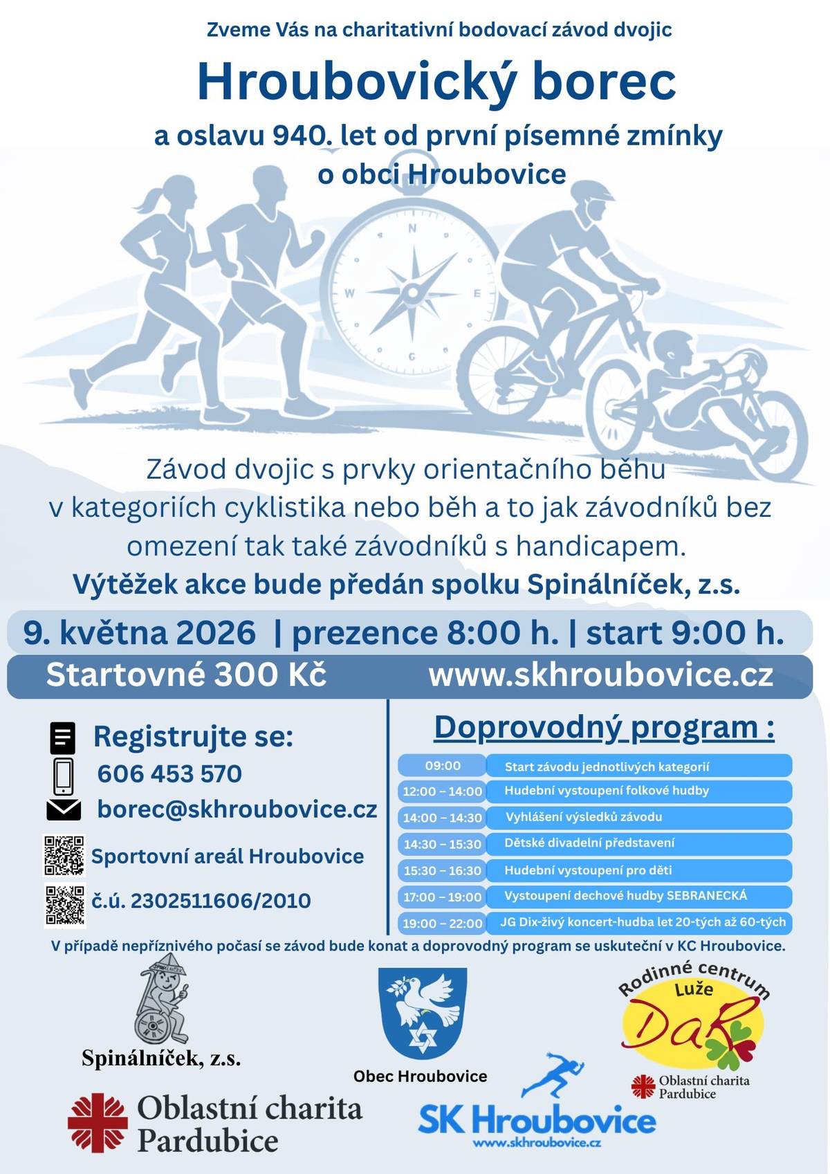 HROUBOVICKÝ BOREC 2026: Sportem pro dobrou věc!    Závod dvojic s prvky orientačního běhu. Vybrat si můžete ze dvou kategorií:    BĚH    CYKLISTIKA, HANDBIKE  Výtěžek z akce bude věnován spolku Spinálníček, z.s.!