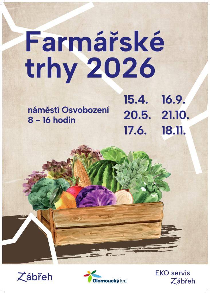 Město Zábřeh, stejně jako v minulých letech, organizuje i letos farmářské trhy, které se uskuteční na náměstí Osvobození, a to vždy třetí středu v měsících duben – červen a září - listopad.
